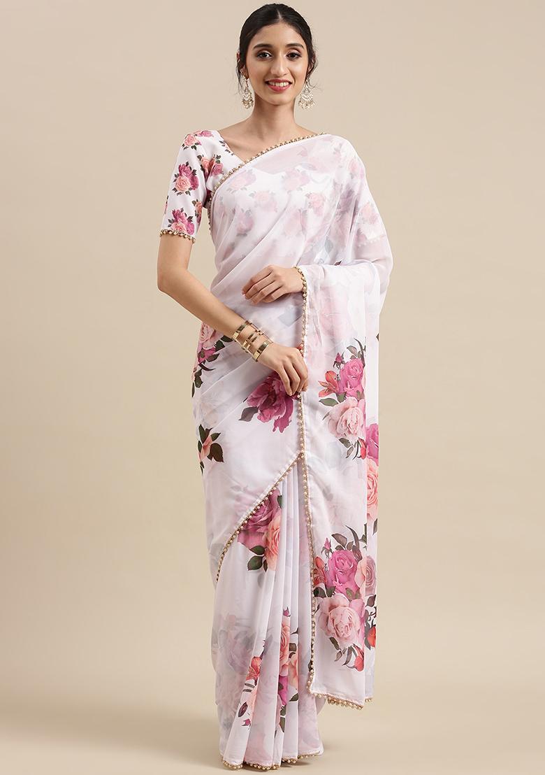 Snuggle Spot Women's Georgette Floral Print Saree With Unstitched Blouse 5.5Mtr (Multicolor)