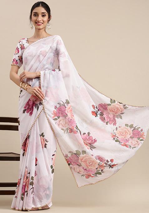 White Floral Print Georgette Saree With Blouse
