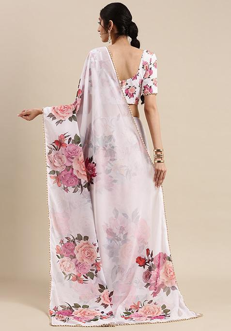 Aspora Women's White Poly Georgette Floral Printed Saree With Blouse Piece (SR-BL-O5-White)