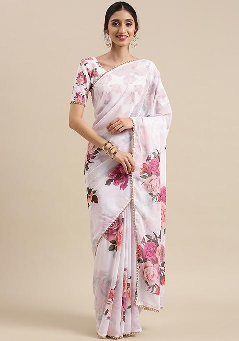 Women's Georgette Off White Printed Designer Saree With Blouse Piece