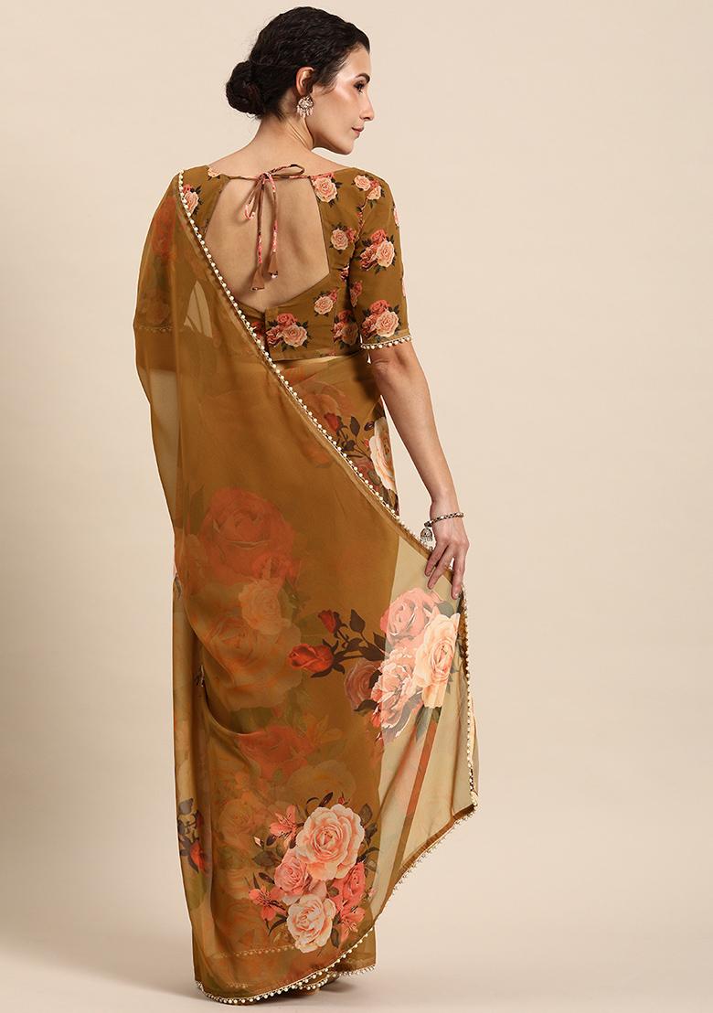Brown Floral Print Georgette Saree With Blouse - Indya