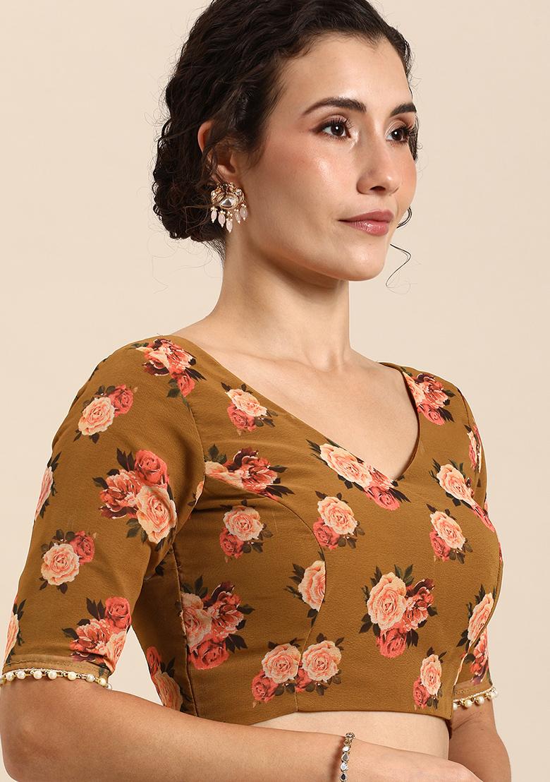 Brown Floral Print Georgette Saree With Blouse - Indya