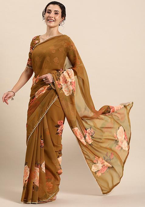Brown Floral Print Georgette Saree With Blouse