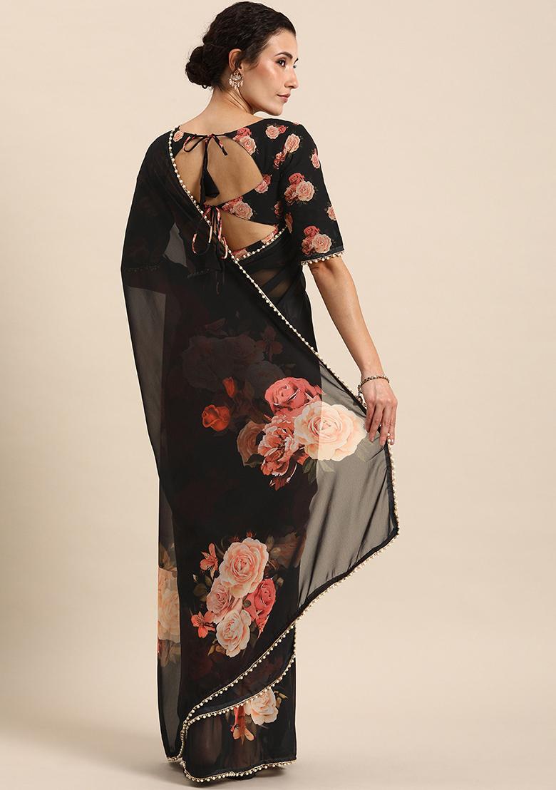 Black Floral Print Georgette Saree With Blouse - Indya