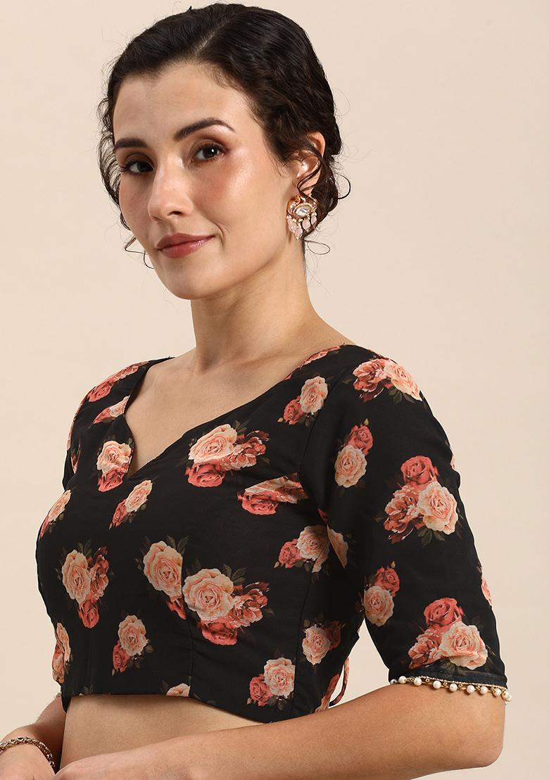 Black Floral Print Georgette Saree With Blouse - Indya