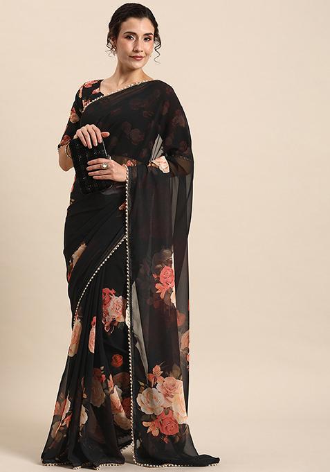 Black Floral Print Georgette Saree With Blouse