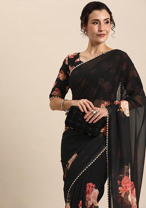 Fusion Black Georgette Ruffed Saree With Printed Floral Ruffles & Floral Printed Blouse