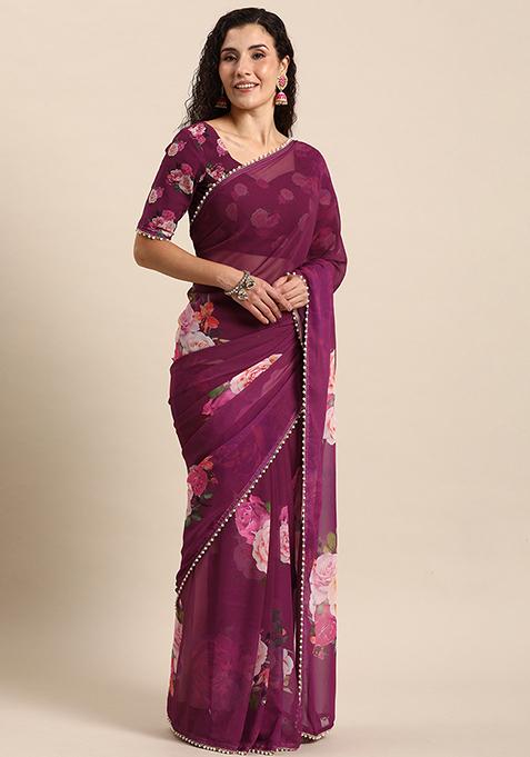 Purple Floral Print Georgette Saree With Blouse