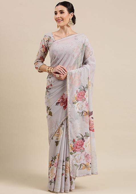 Off White Floral Print Georgette Saree With Blouse