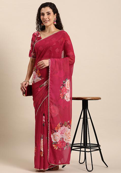 Pink Floral Print Georgette Saree With Blouse