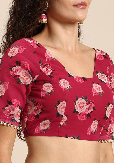 Snuggle Spot Women's Georgette Printed Saree With Unstitched Blouse (Pink)