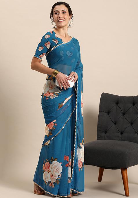 Firozi Blue Floral Print Georgette Saree With Blouse