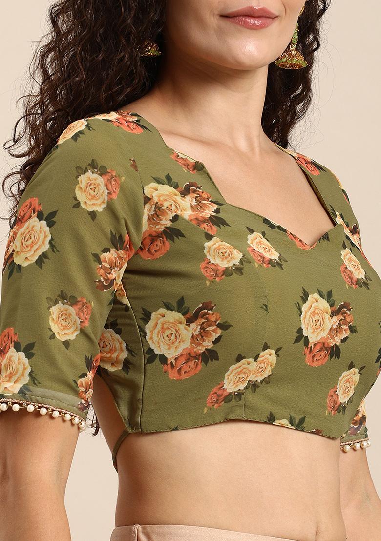 Mehendi Green Floral Print Georgette Saree With Blouse - Indya