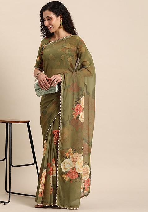 Mehendi Green Floral Print Georgette Saree With Blouse