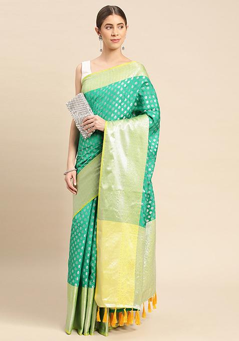 Green Katan Silk Butti Work Saree Set