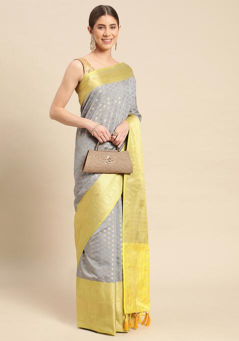 Grey Katan Silk Butti Work Saree Set