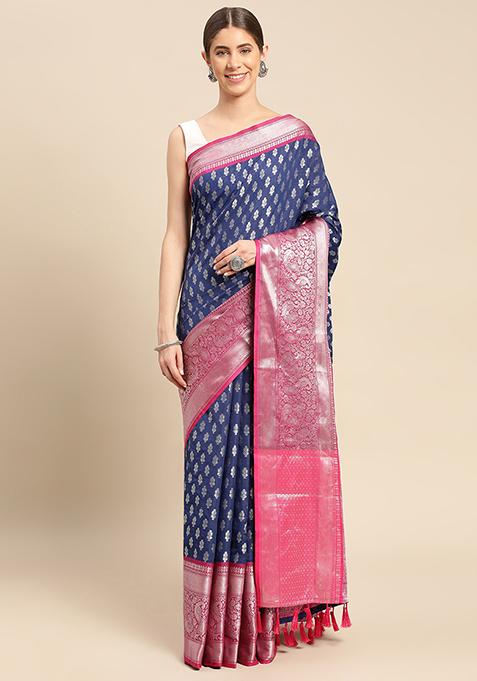 Navy Blue Katan Silk Butti Work Saree Set