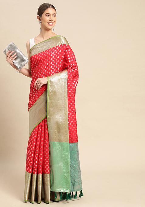 Red Katan Silk Butti Work Saree Set