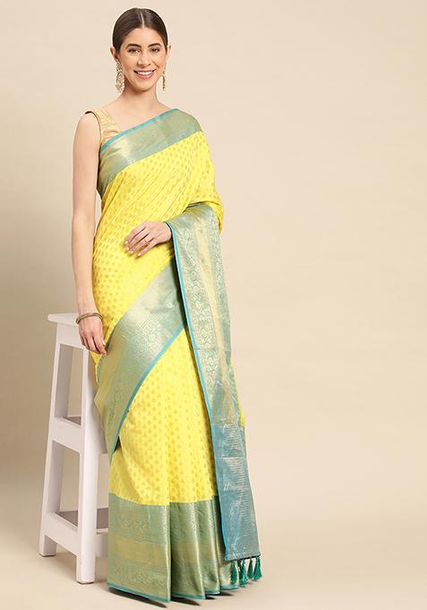 Yellow Katan Silk Butti Work Saree Set