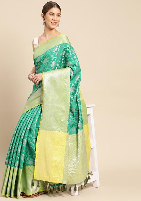 Green Banarasi Print Katan Silk Saree Set