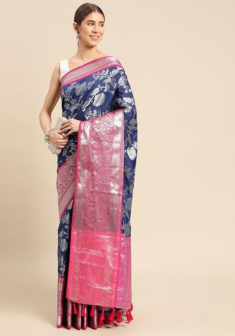 Navy Blue Banarasi Print Katan Silk Saree Set