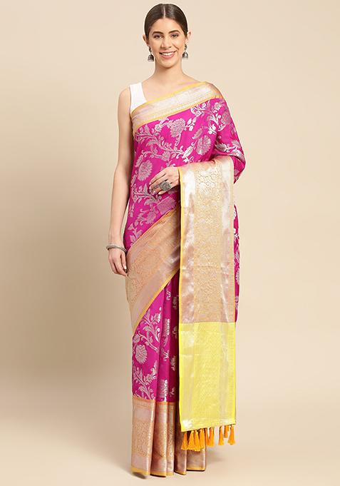 Pink Banarasi Print Katan Silk Saree Set