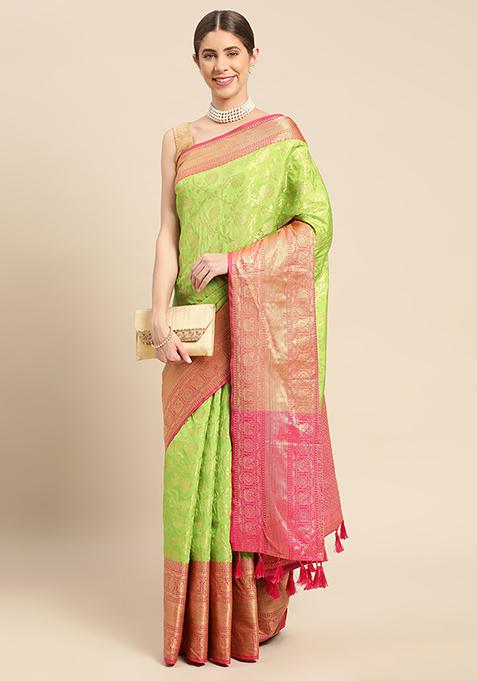 Pista Banarasi Print Katan Silk Saree Set