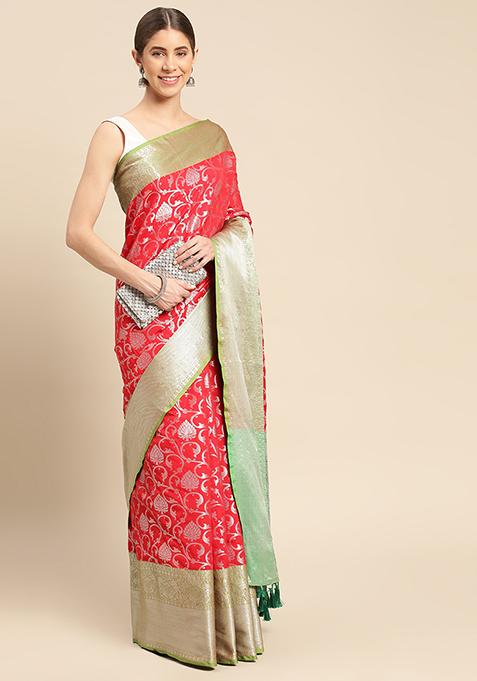 Red Banarasi Print Katan Silk Saree Set