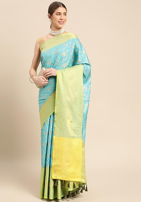 Sky Blue Banarasi Print Katan Silk Saree Set