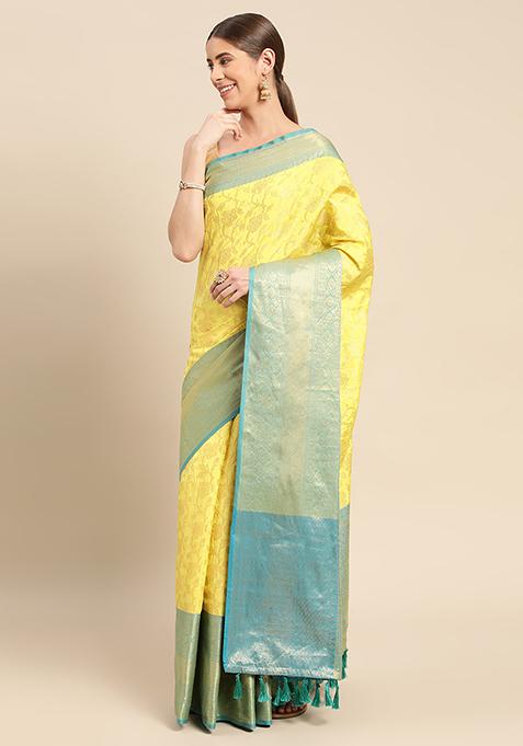 Yellow Banarasi Print Katan Silk Saree Set