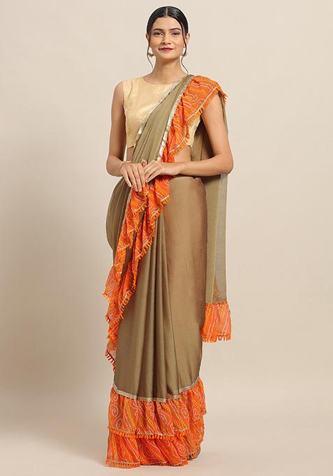 Olive Poly Chiffon Ruffled Saree Set