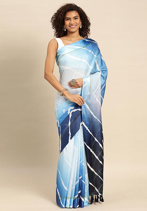 Blue Kota Doria Batik Print Saree Set