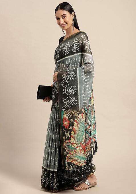 Black Organza Floral Print Saree Set