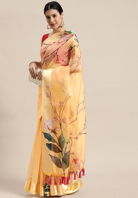 Peach Organza Floral Print Saree Set