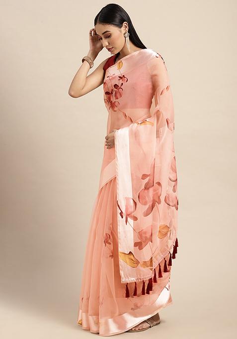 Pink Organza Floral Print Saree Set