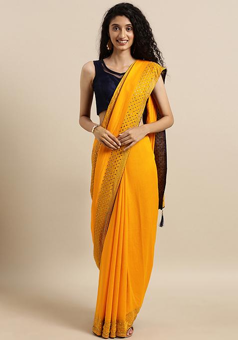 Orange Embellished Border Saree Set