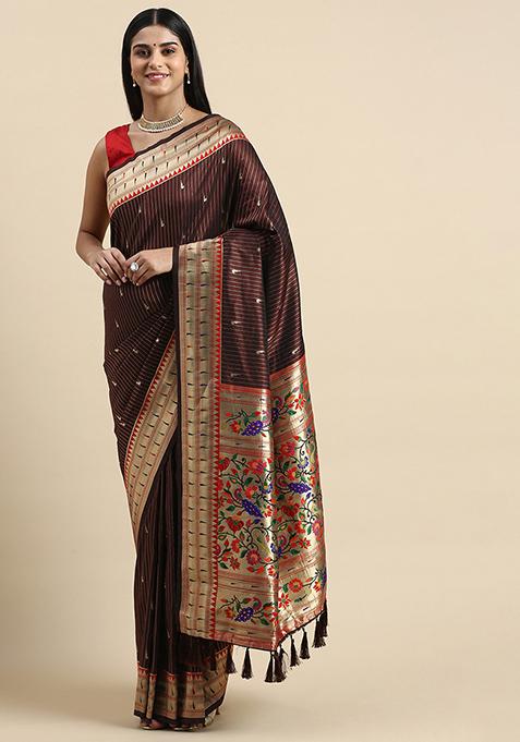 Brown Paithani Silk Meenakari Work Saree Set