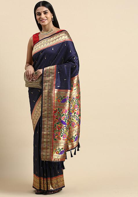 Navy Blue Paithani Silk Meenakari Work Saree Set