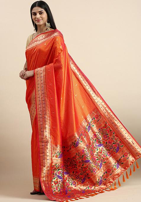 Orange Paithani Silk Meenakari Work Saree Set