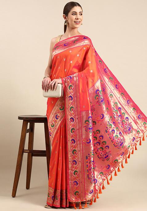 Orange Yeola Paithani Soft Silk Set