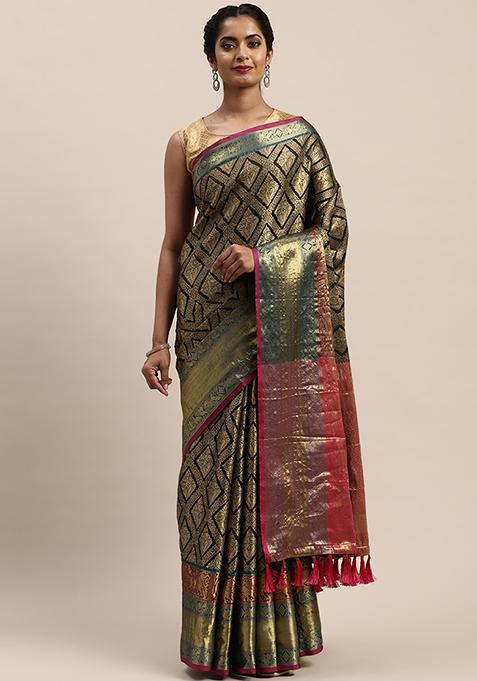 Black Silk Cotton Woven Saree Set