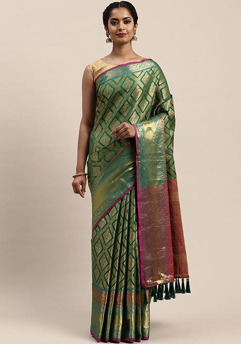 Green Silk Cotton Woven Saree Set