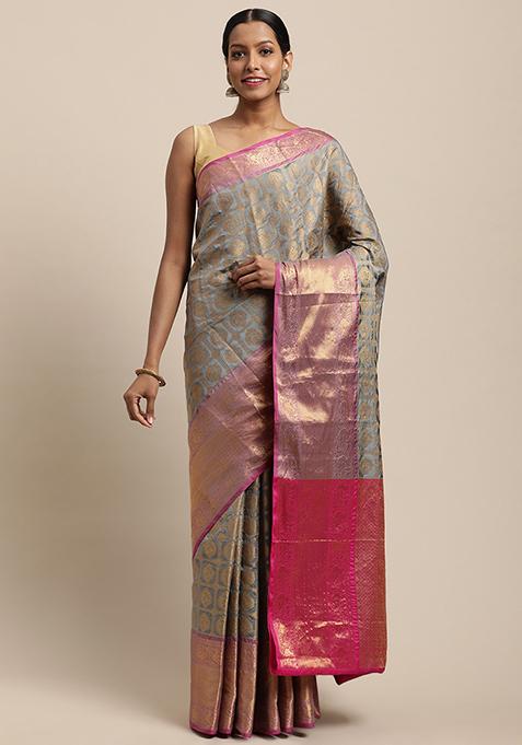 Grey Banarasi Silk Pattu Zari Work Saree Set