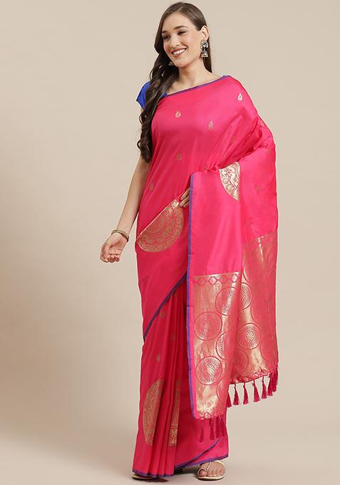 Pink  Woven Design Banarasi Silk Saree Set