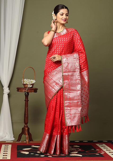 Red Banarasi Woven Design Saree Set