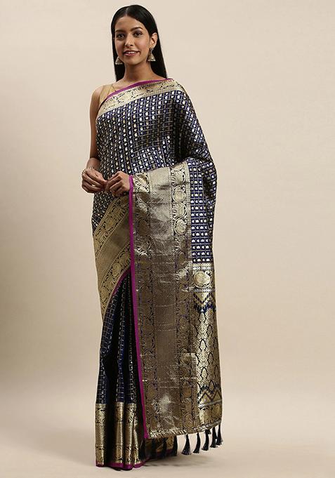 Navy Blue Banarasi Woven Design Saree Set