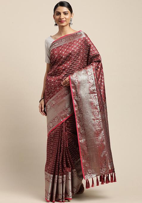 Brown Banarasi Woven Design Saree Set