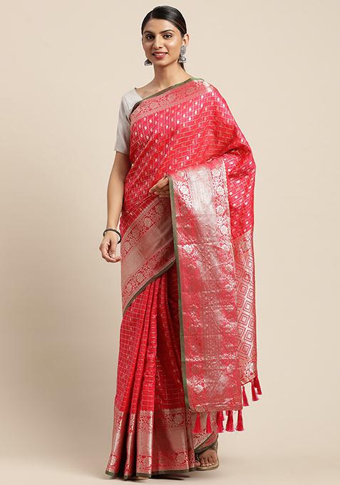 Pink Banarasi Woven Design Saree Set