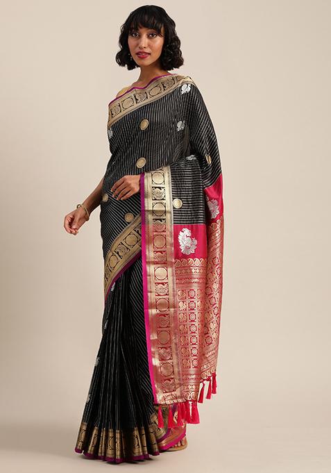 Black Zari Woven Banarasi Silk Saree Set