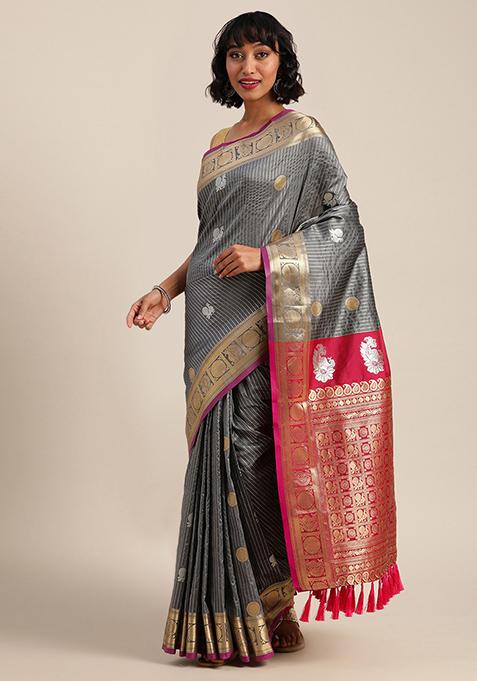 Grey Zari Woven Banarasi Silk Saree Set